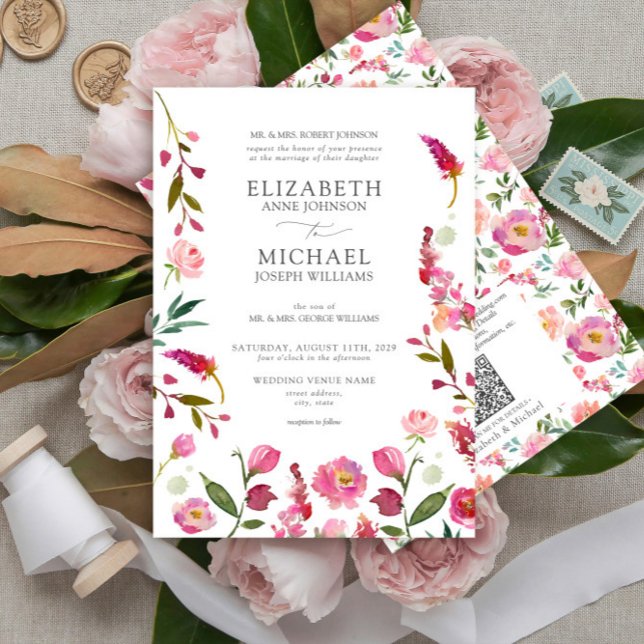 Classic Pink QR Code Watercolor Flowers Wedding Invitation (Creator Uploaded)