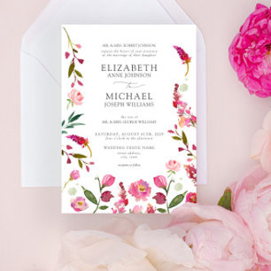 Classic Pink QR Code Watercolor Flowers Wedding Invitation