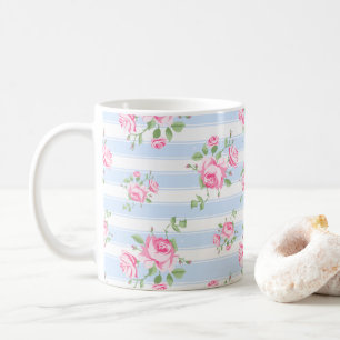 Classic Pink Rose and Stripe Cottage Core Coffee Mug