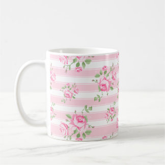 Classic Pink Rose and Stripe Cottage Core  Coffee Mug