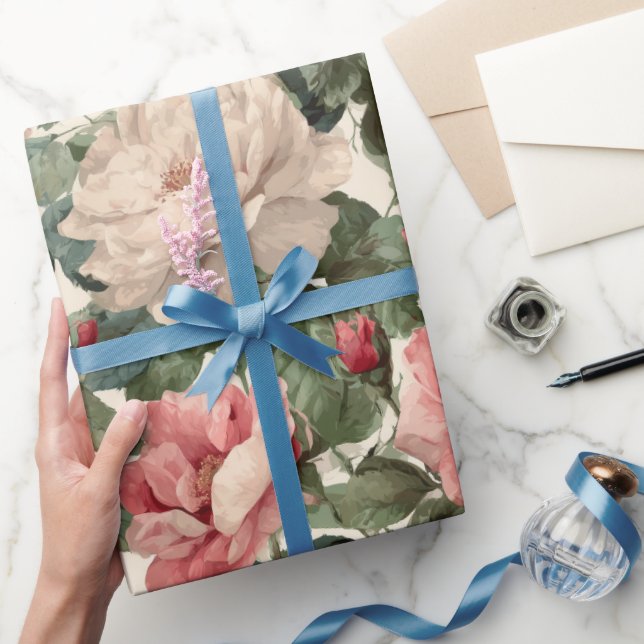 Classic Pink Rose Cream Floral Pattern Wrapping Paper (Gifting)