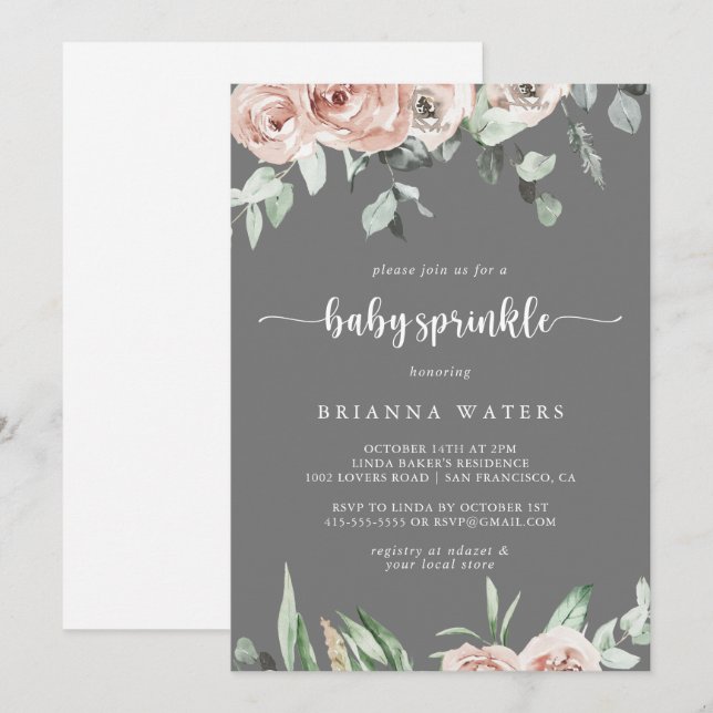 Classic Pink Rose Floral Grey Baby Sprinkle  Invitation (Front/Back)