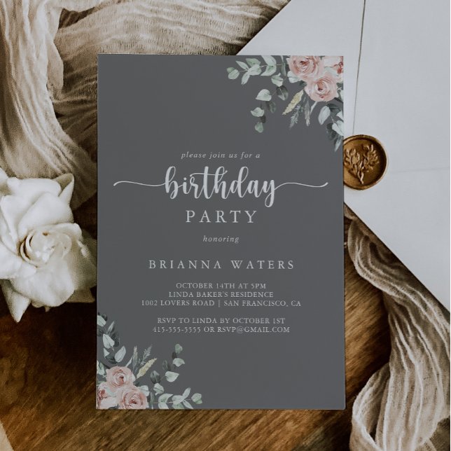 Classic Pink Rose Floral Grey Birthday Party  Invitation (Creator Uploaded)
