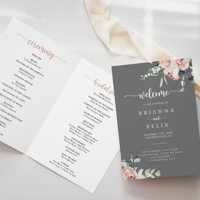 Classic Pink Rose Floral Grey Folded  Programme (Creator Uploaded)