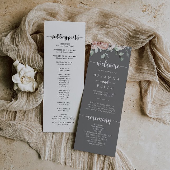 Classic Pink Rose Floral Grey Wedding   Programme (Creator Uploaded)