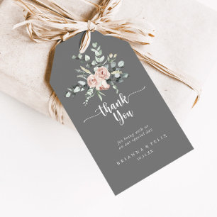 Classic Pink Rose Floral Grey Wedding Thank You Gift Tags