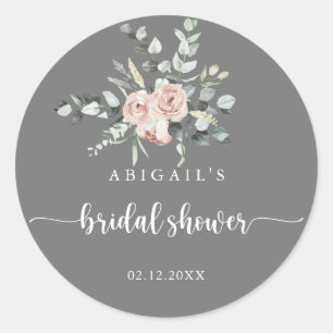 Classic Pink Rose Grey Bridal Shower Favour    Classic Round Sticker