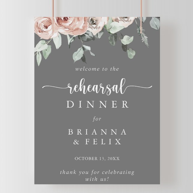 Classic Pink Rose Grey Rehearsal Dinner Welcome Poster (Creator Uploaded)