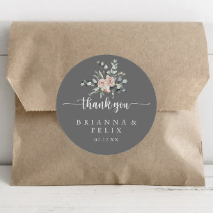 Classic Pink Rose Grey Thank You Wedding Favour    Classic Round Sticker