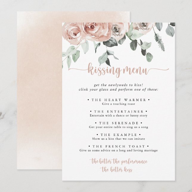 Classic Pink Rose Wedding Kissing Menu Game Card (Front/Back)