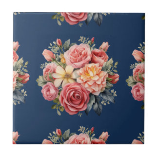 Classic Pink Roses Floral on a Blue Background Tile