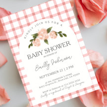 Classic Pink Roses Gingham Girl Baby Shower