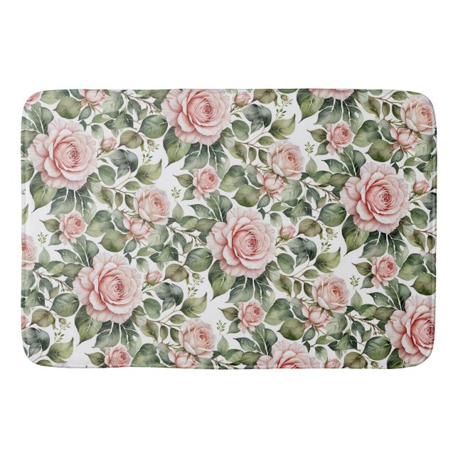 Classic Pink Roses & Sage Leaves Bath Mat (Front)