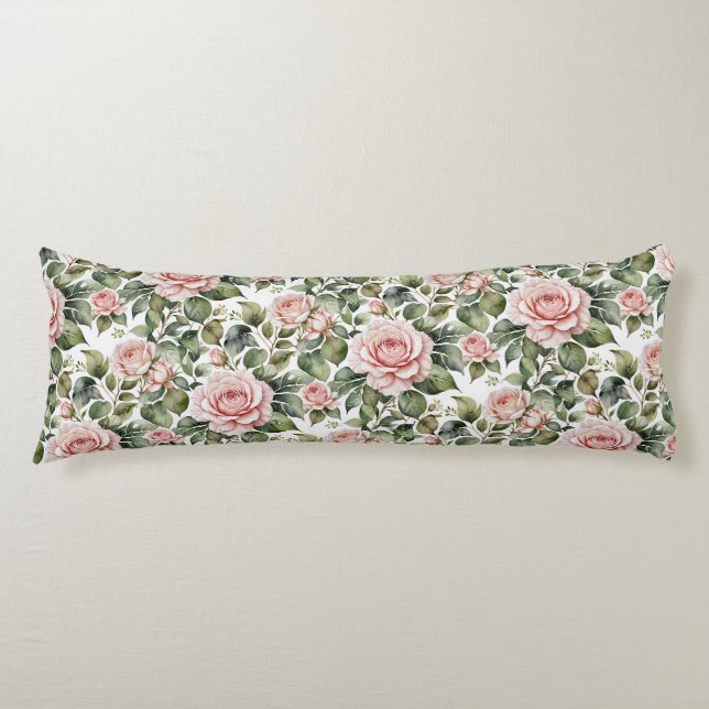Classic Pink Roses & Sage Leaves Body Cushion (Front)