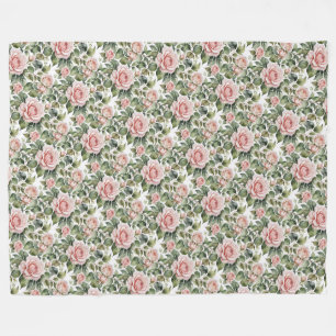 Classic Pink Roses & Sage Leaves Fleece Blanket