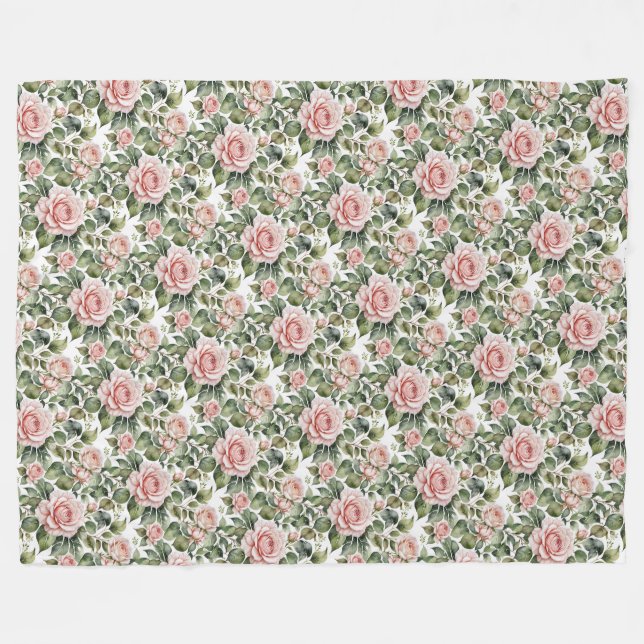 Classic Pink Roses & Sage Leaves Fleece Blanket (Front (Horizontal))