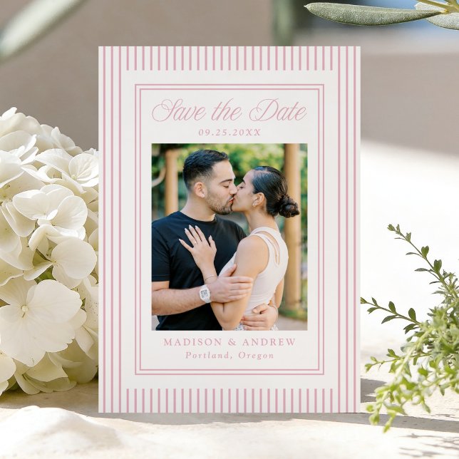 Classic Pink Stripes Photo Wedding Save The Date (Creator Uploaded)