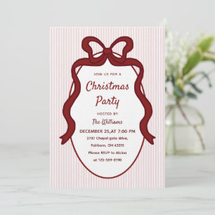 Classic Pink Stripes & Red Bow Frame Christmas  Invitation
