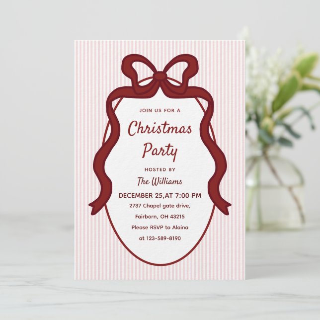 Classic Pink Stripes & Red Bow Frame Christmas  Invitation (Standing Front)