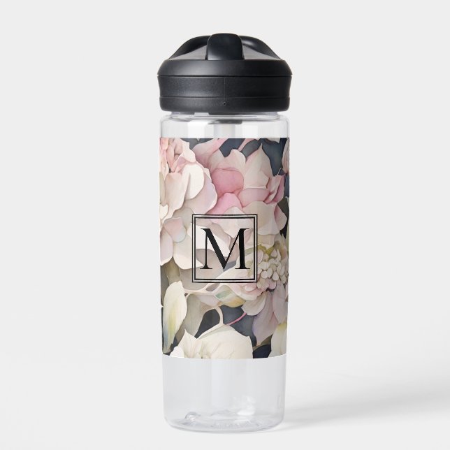Classic pink watercolor floral hydrangeas  water bottle (Front)