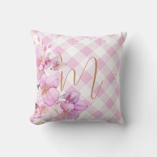 Classic pink white gingham floral monogram cushion