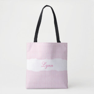 Classic Pink & White Gingham Personalized Name Tote Bag