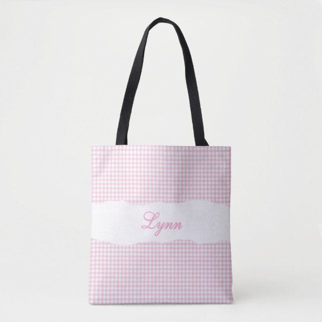 Classic Pink & White Gingham | Personalized Name Tote Bag (Front)