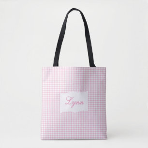 Classic Pink & White Gingham Personalized Name Tote Bag