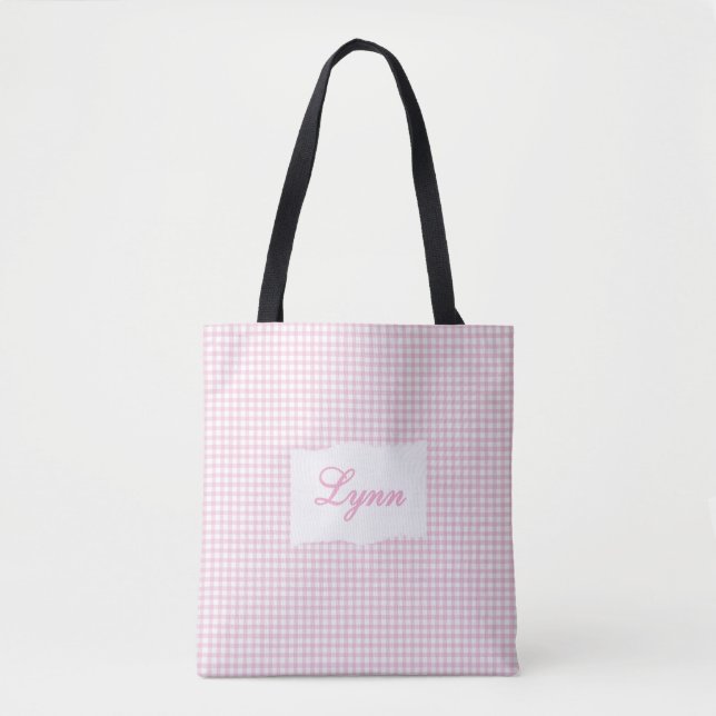 Classic Pink & White Gingham | Personalized Name Tote Bag (Front)