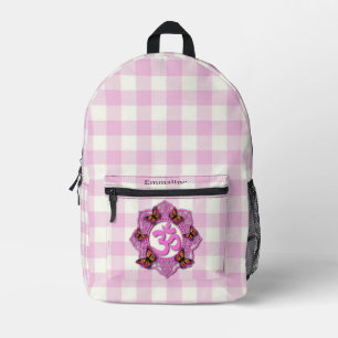 Classic pink white plaid butterflies ohm chakra printed backpack