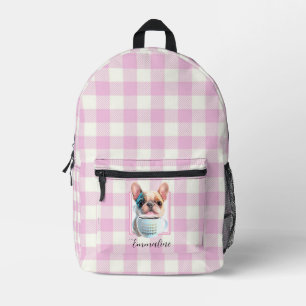 Classic pink white plaid dog coffee personalise printed backpack