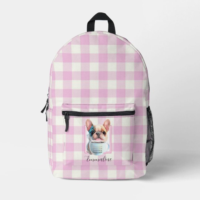 Classic pink white plaid dog coffee personalise  printed backpack (Front)