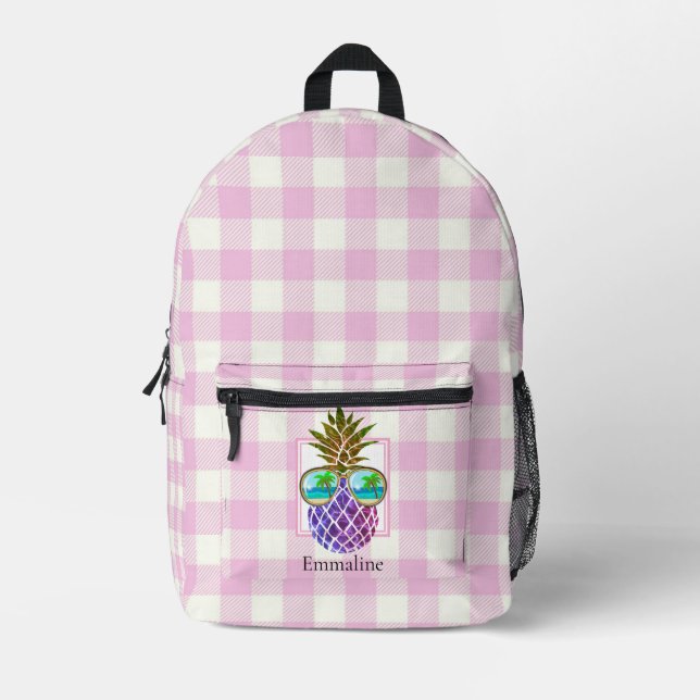 Classic pink white plaid pineapple sunglasses printed backpack (Front)