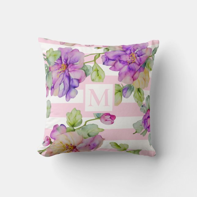 Classic pink white strips watercolor purple floral cushion (Front)