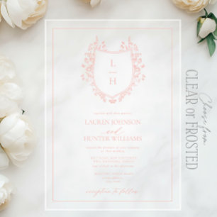 Classic Pink Wildflower Monogram Crest Wedding Acrylic Invitations