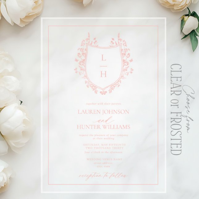 Classic Pink Wildflower Monogram Crest Wedding Acrylic Invitations (Creator Uploaded)
