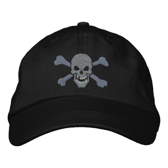 Classic Pirate Crossbones Silver Skull Embroidered Hat (Front)
