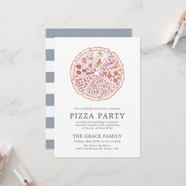 Classic Pizza Party | Slate Blue Stripes Invitation (Front/Back In Situ)
