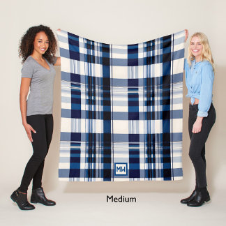 Classic plaid, blue and white monogram fleece blanket