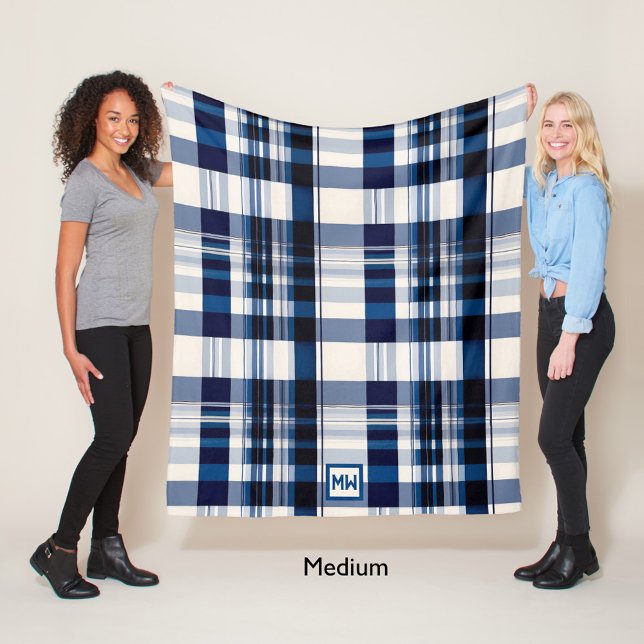 Classic plaid, blue and white monogram fleece blanket (Creator Uploaded)