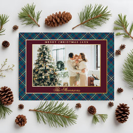 Classic Plaid Burgundy Red Photo Christmas Gold Foil Holiday Card