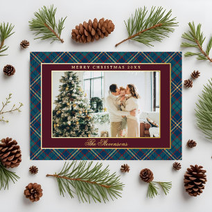 Classic Plaid Burgundy Red Photo Christmas Gold Foil Holiday Card
