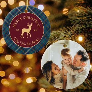 Classic Plaid Burgundy Reindeer Christmas Photo Ceramic Tree Decoration