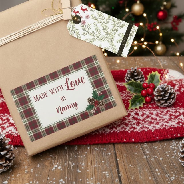 Classic Plaid Christmas Made with love by Rectangular Sticker (Classic Plaid Christmas Made with love by Rectangular Sticker)