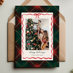 Classic Plaid Christmas Photo Card with Red Ribbon