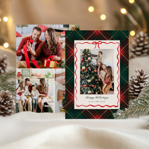 Classic Plaid Christmas Photo Card with Red Ribbon