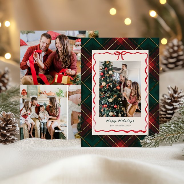 Classic Plaid Christmas Photo Card with Red Ribbon (Creator Uploaded)