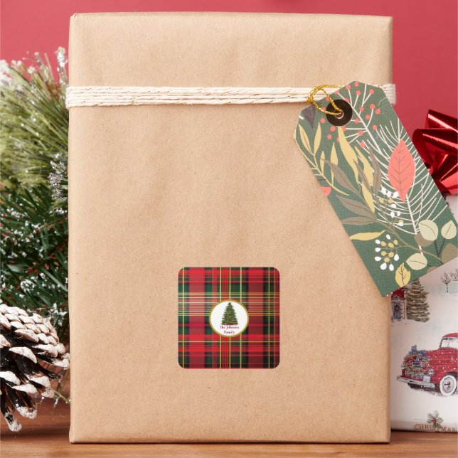 Classic Plaid Christmas Tree Red and Green  Square Sticker (Holiday)