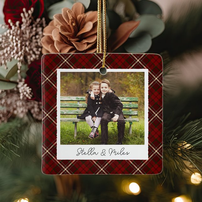 Classic Plaid Double Sided Personalised Photo Ceramic Ornament (Creator Uploaded)