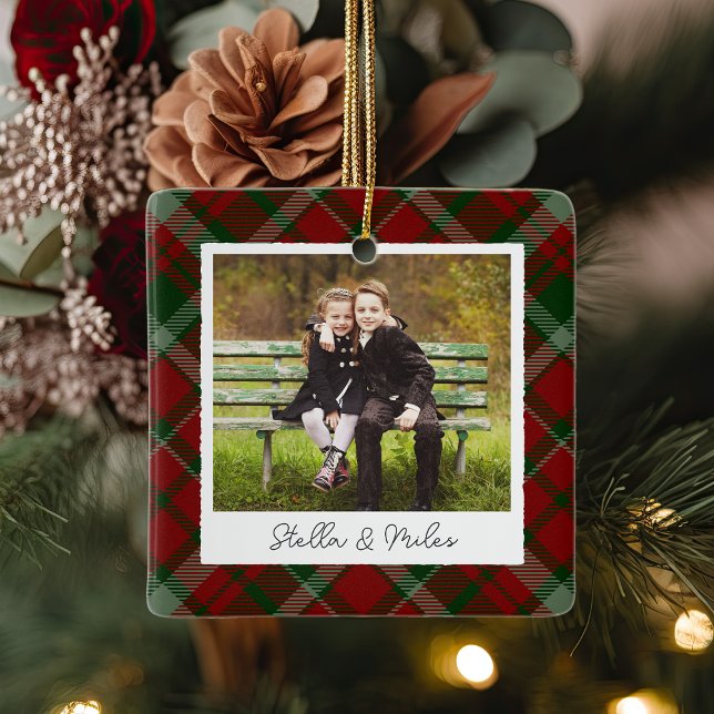 Classic Plaid Double Sided Personalised Photo Ceramic Ornament (Creator Uploaded)